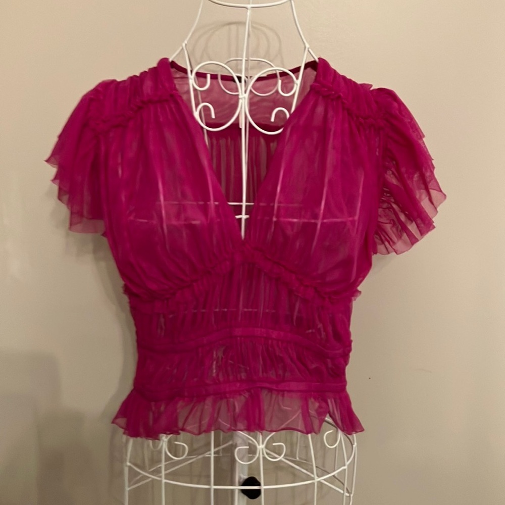Free People Pink Fuchsia Tulle Top “Making Me Smile Ruched top” Sz M - Picture 9 of 9